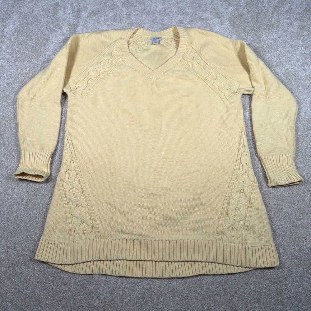 LL Bean Cable Knit 3/4 Sleeve Sweater Womens Large Yellow Cotton‎ V Neck School